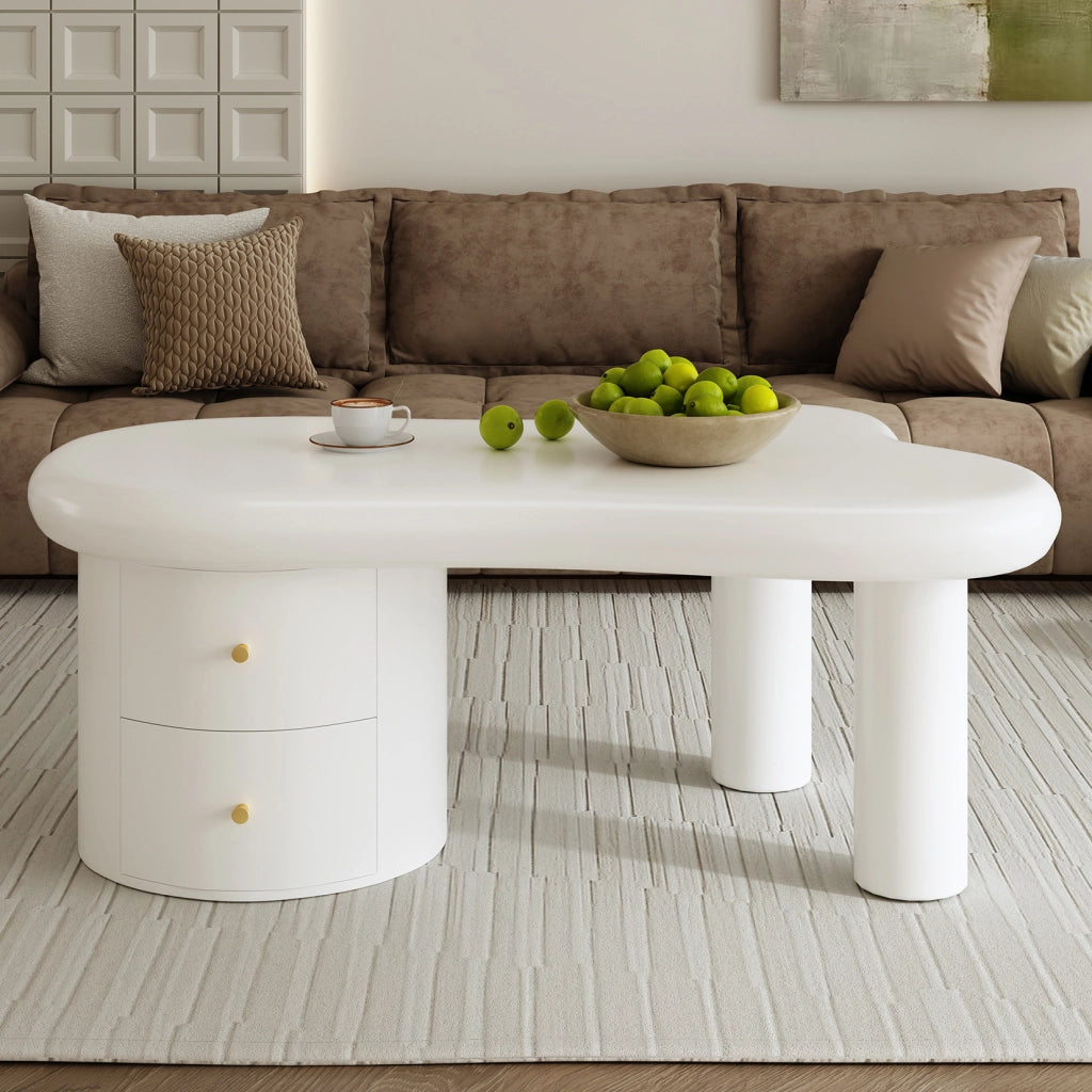 Tavolino da Caffè Forma Organica con 2 Cassetti; Struttura in MDF; Design Minimalista; Bianco; 97×64×42 cm