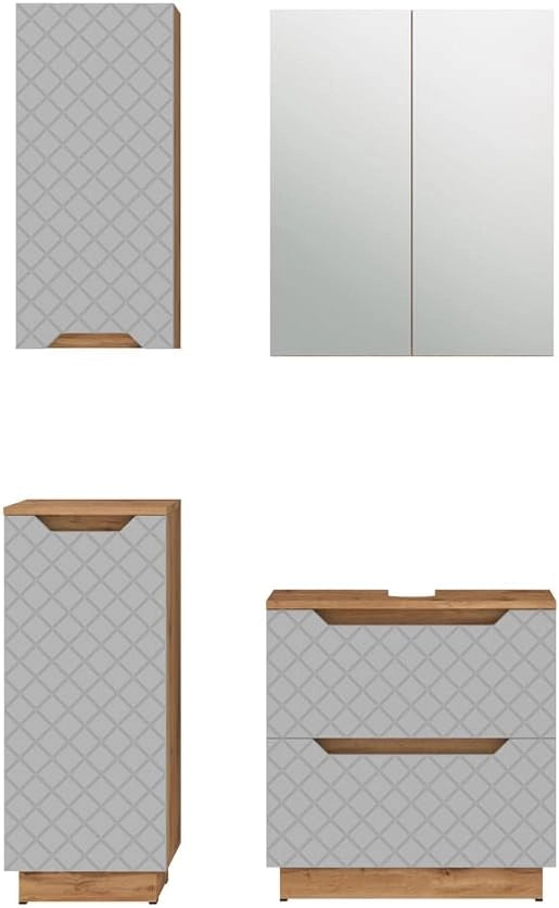 Set di mobili da bagno Lotta, Rovere/grigio con struttura in piastrelle, 4 parti