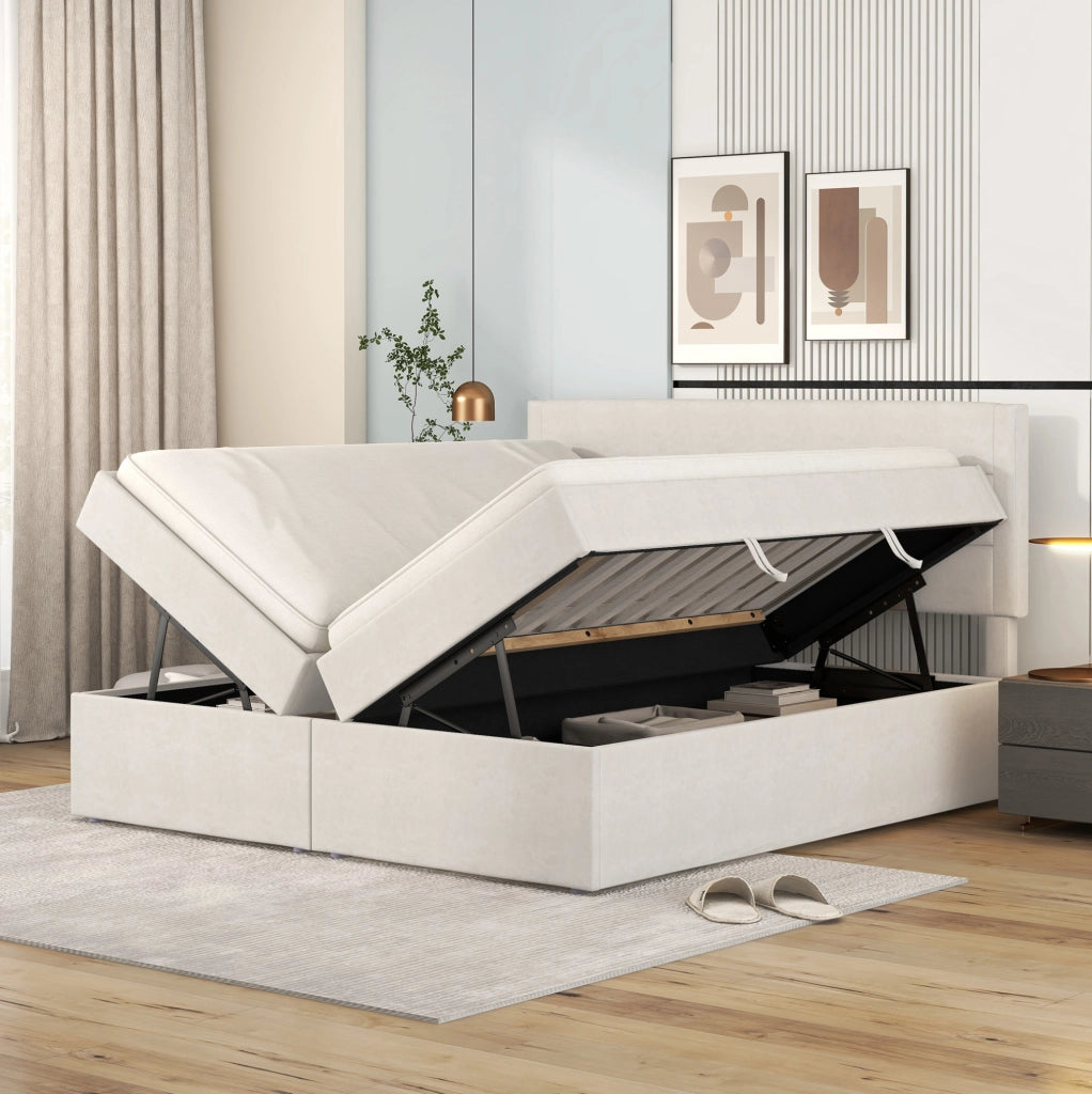 Letto matrimoniale imbottito 140x200 cm beige con contenitore