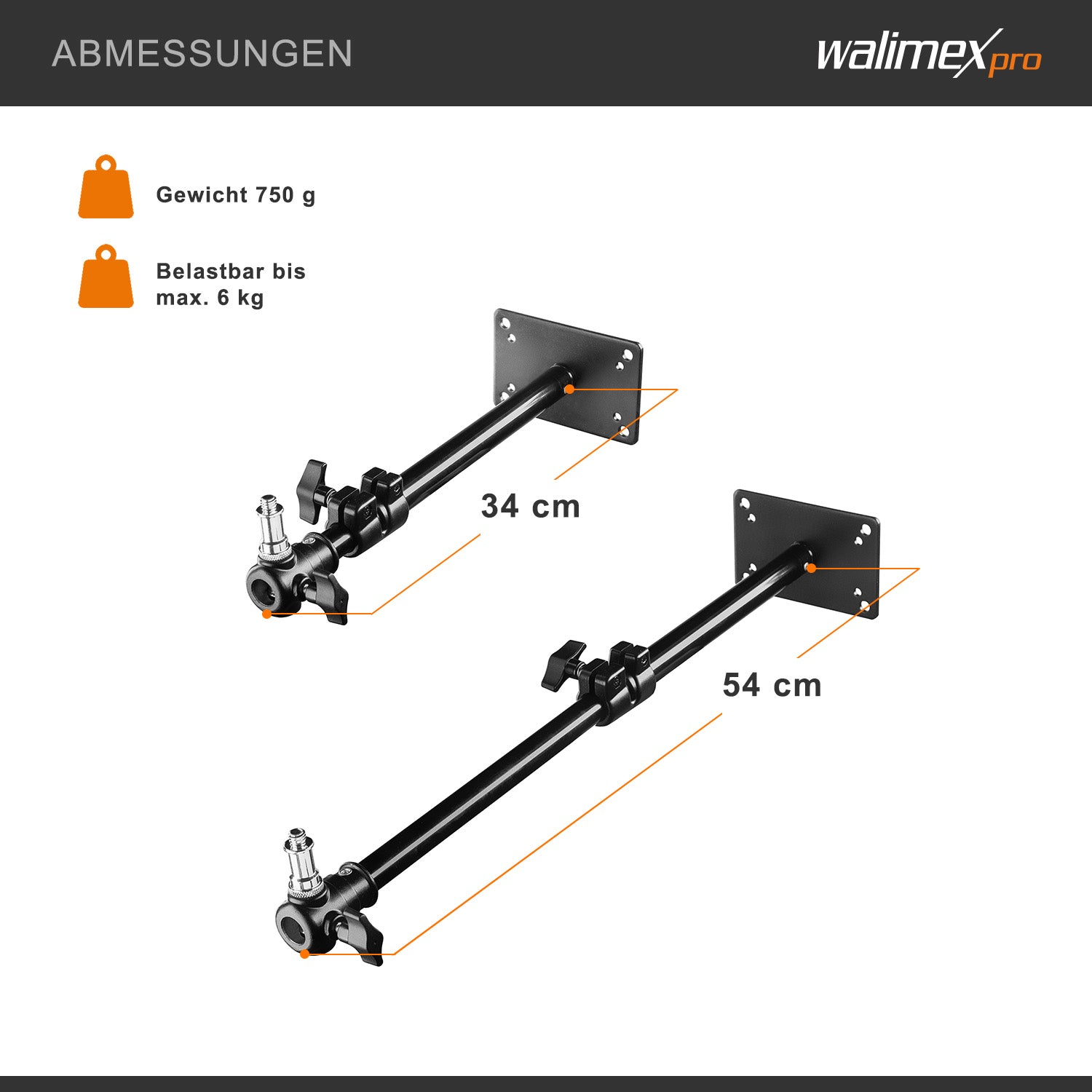 Supporto per luci a soffitto studio fotografico max 6 kg, Braccio estensibile 34-54 cm per faretti fotografici, softbox, videocamera