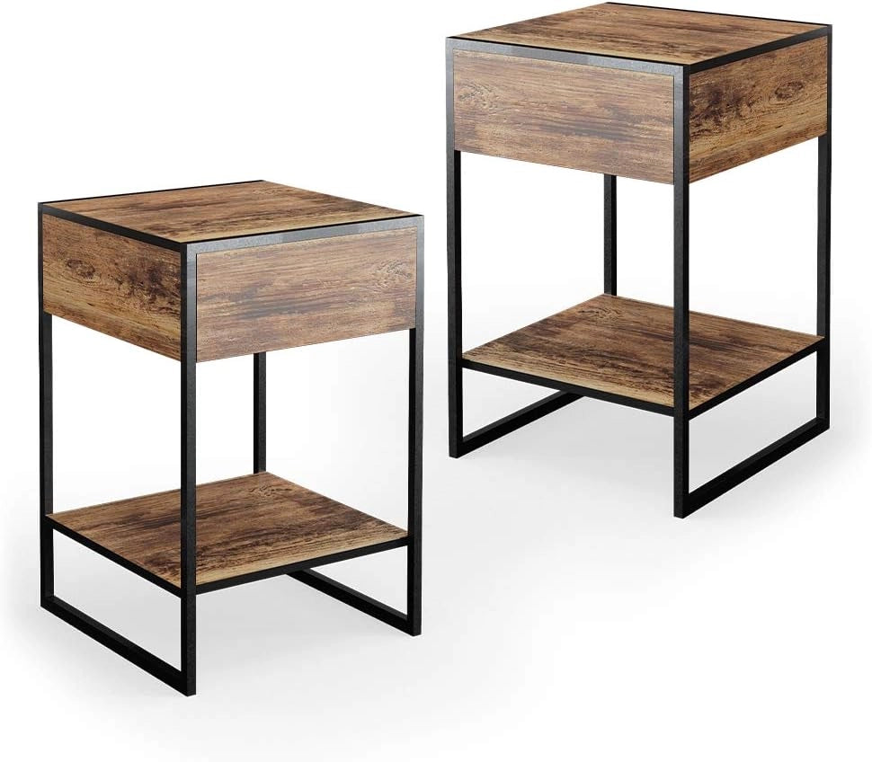 Comodini camera da letto Fyrk, Legno antico, Set di 2, per riporre oggetti di uso quotidiano accanto al letto