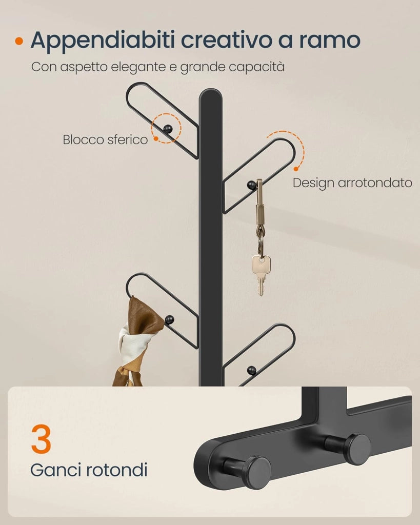 Appendiabiti da Parete, Attaccapanni da Muro a Forma di Ramo, con 7 Ganci, Blocchi Sferici, per Vestiti, Cappelli, Borse, Nero Inchiostro RCR035B01