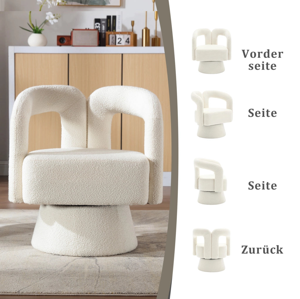 Poltrona girevole 360° in bouclé beige; 67 x 55 x 74 cm; con base in metallo