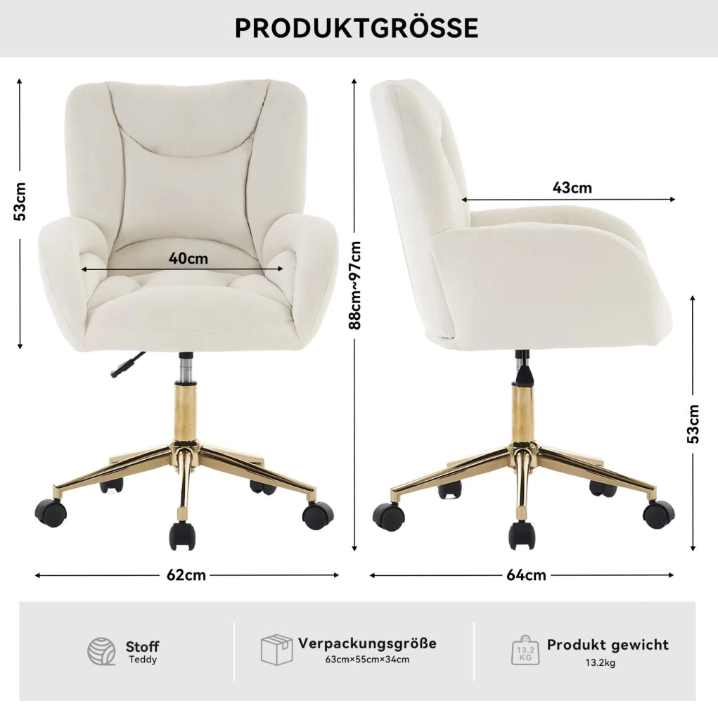 Sedia da ufficio girevole in velluto avorio con base dorata