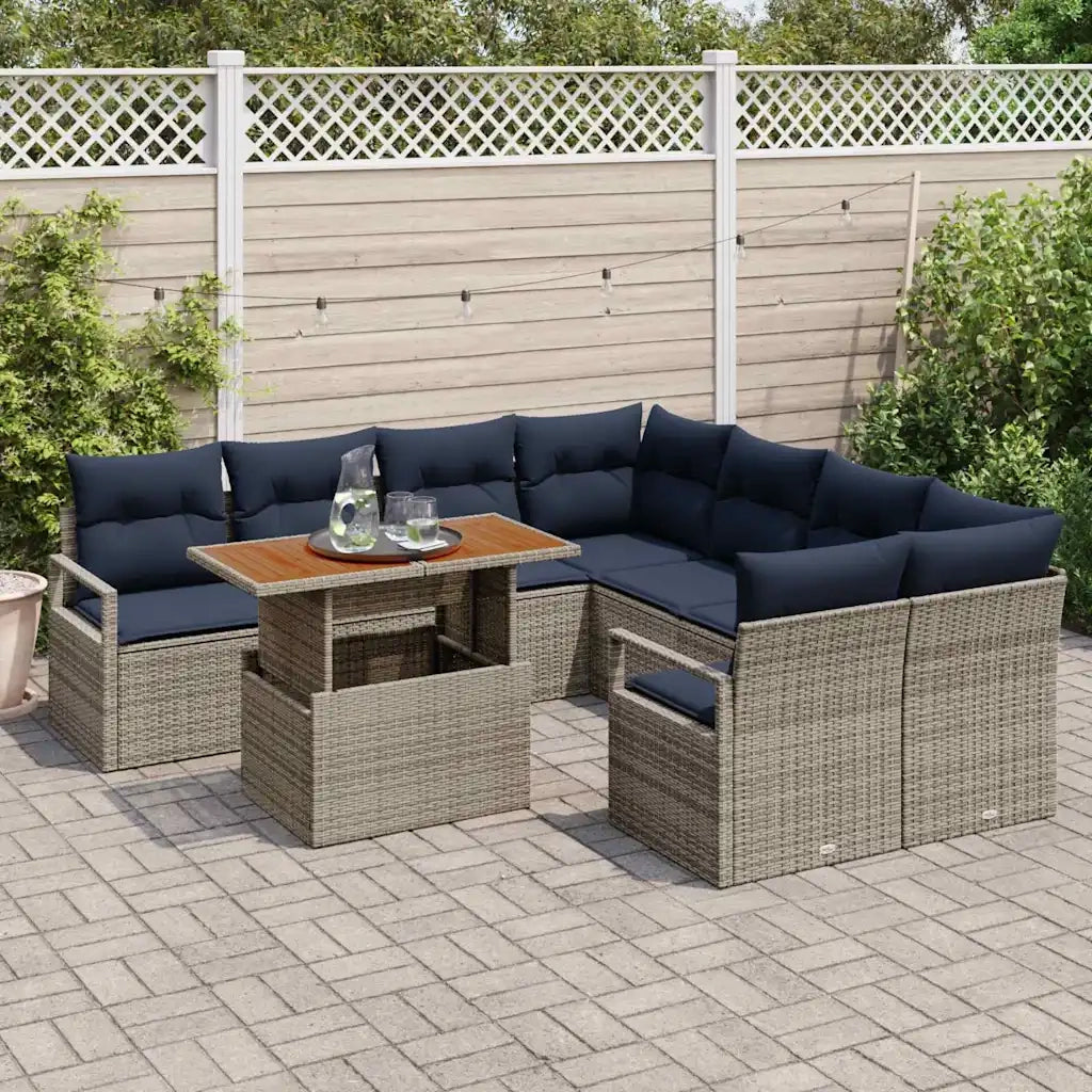 Set da Pranzo per Giardino con cuscino 9 pcs Grigio e Blu Navy