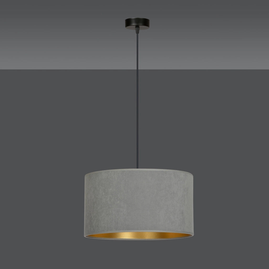 Sospensione 1 Luce Ganesha In Acciaio Nero E Paralume In Tessuto Grigio