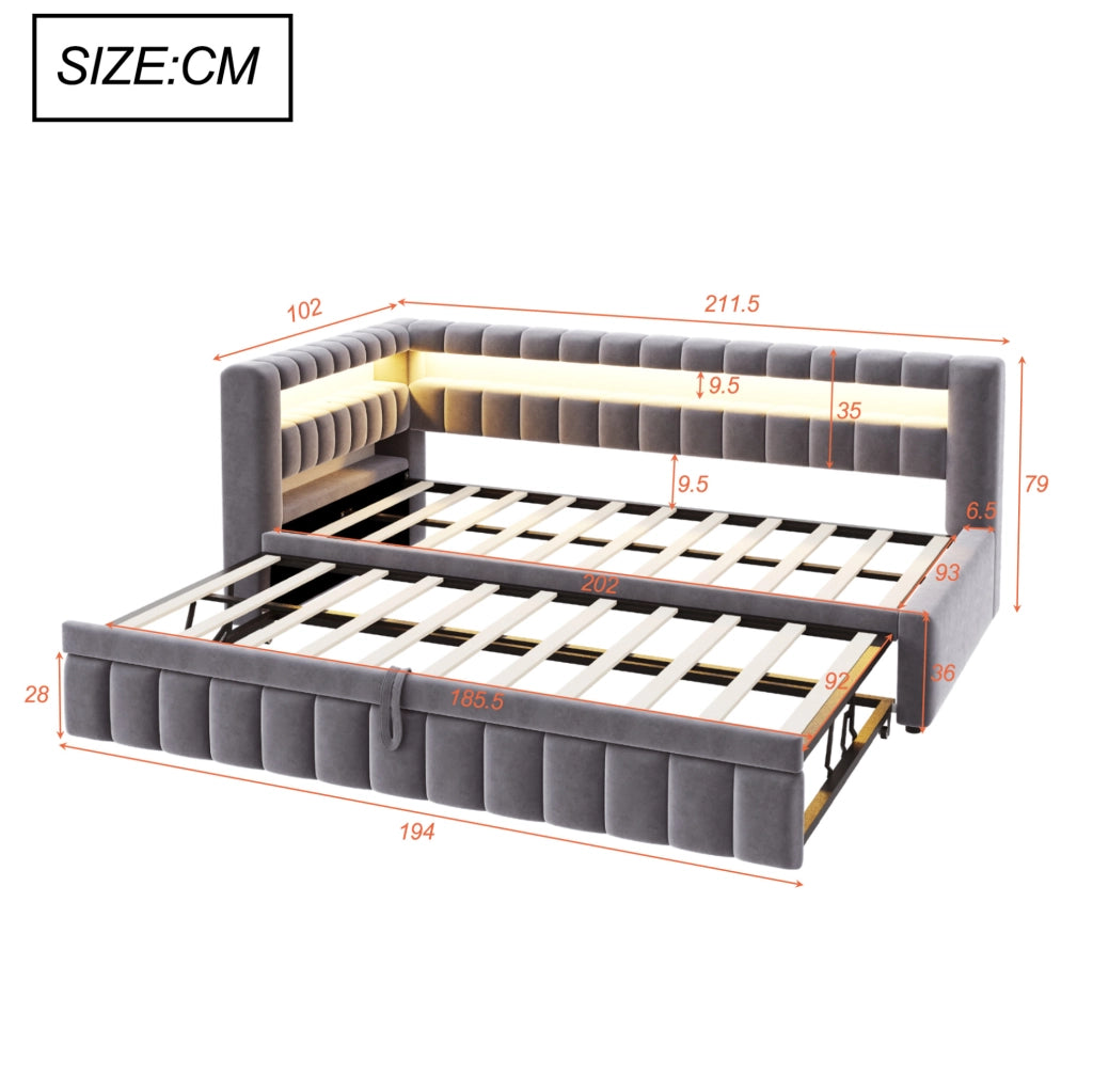 Sofabett 90x200 cm; letto estraibile con LED e ricarica; velluto grigio