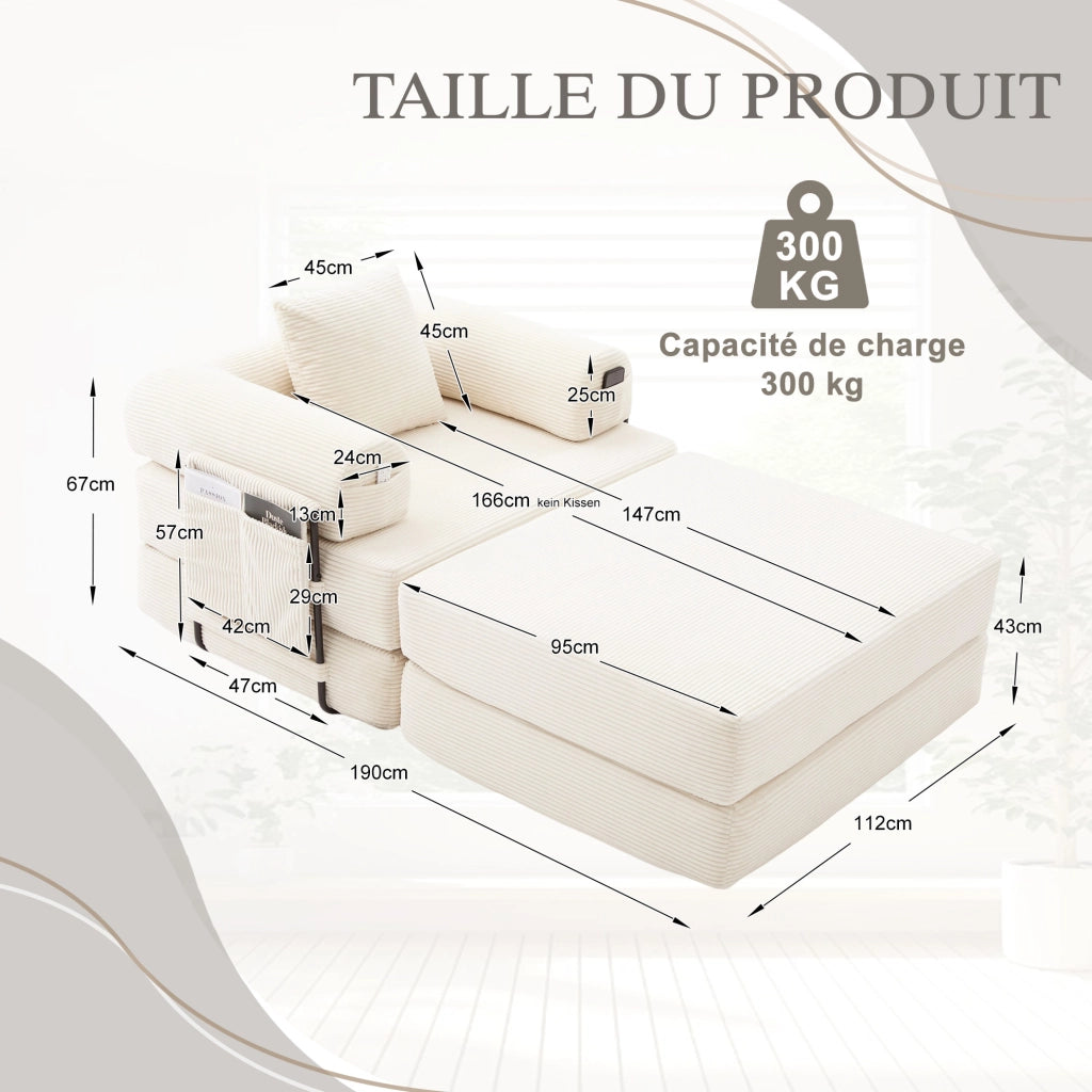 Divano modulare con pouf in velluto a coste; tasca laterale e cuscino; beige 112×190×67 cm