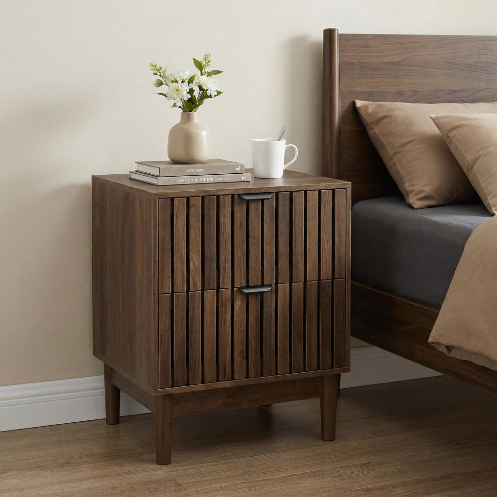 Comodino Mid-Century Modern ¨C MINIMAL ¨C Legno con 2 Cassetti, 45x39x56,5 cm