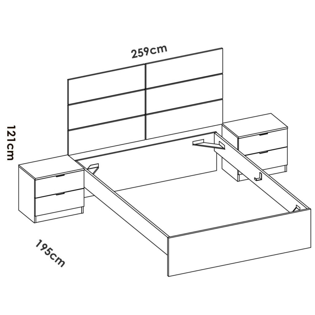 Letto matrimoniale Alina, Sommier per camera da letto, Giroletto per stanza, Struttura porta materasso, 267x205 h122 cm, Bianco e Rovere