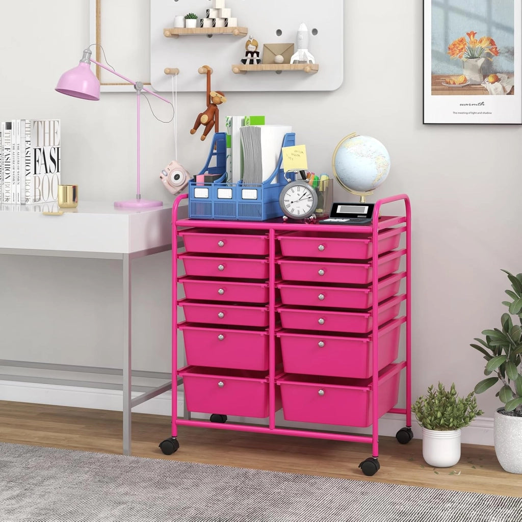 Carrello con 12 cassetti, impilabile, carrello per cassetti, carrello da cucina, con ruote bloccabili, carrello per cucina, bagno, ufficio, 64 x 38 x 75 cm (rosa)
