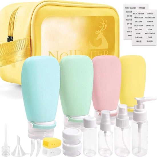 Set di flessi di silicone da viaggio, certificato aereo per il riempimento di flessi da viaggio, adatto per shampoo, lozione, condizionante capelli, gel doccia, con etichette e borse trasparenti da bagno