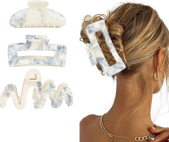 Set di 3 grandi clip per capelli con forza di presa alta per capelli spessi, sottili o ricci - marmo blu.