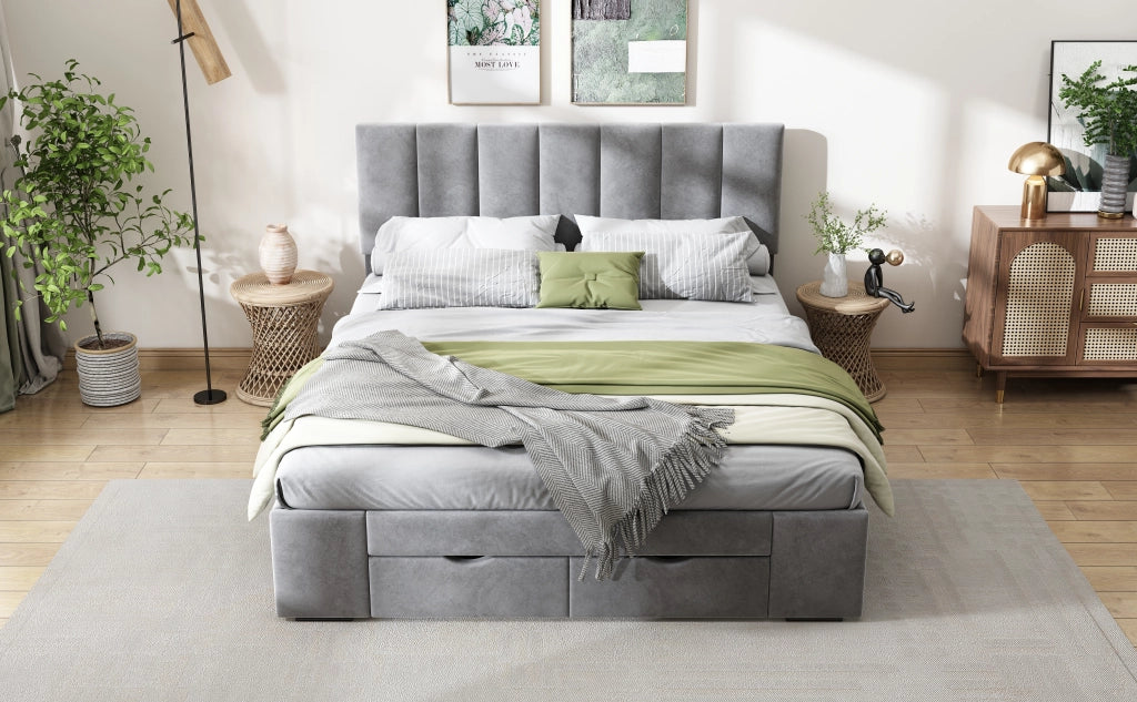 Letto imbottito in velluto con testiera e 4 cassetti, 140x200 cm, grigio
