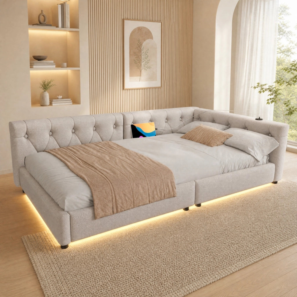LETTO da giorno 90x200 cm in lino beige con USB, Type-C e LED