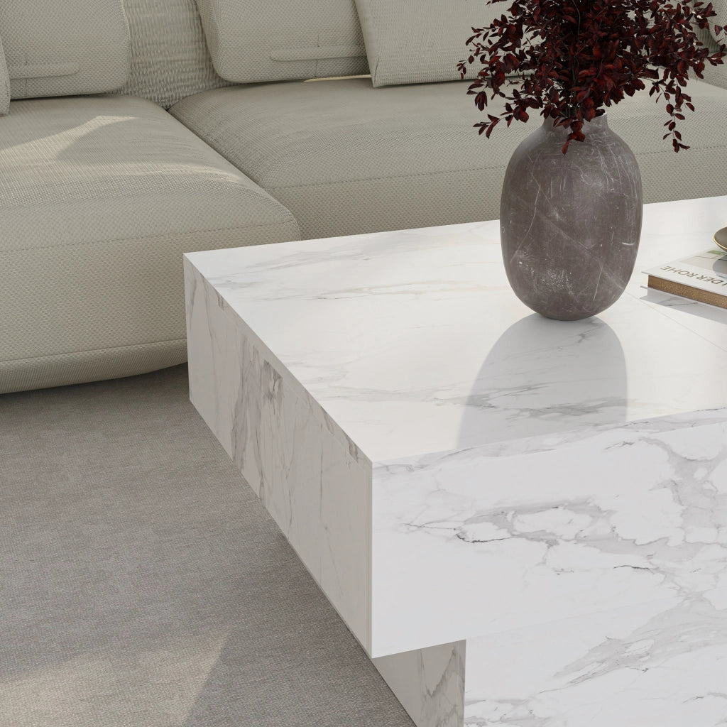 Tavolino Centrale Lens da Salotto con Piano Scorrevole 80 x 60 x 36 cm - Effetto Marmo Bianco [en.casa]