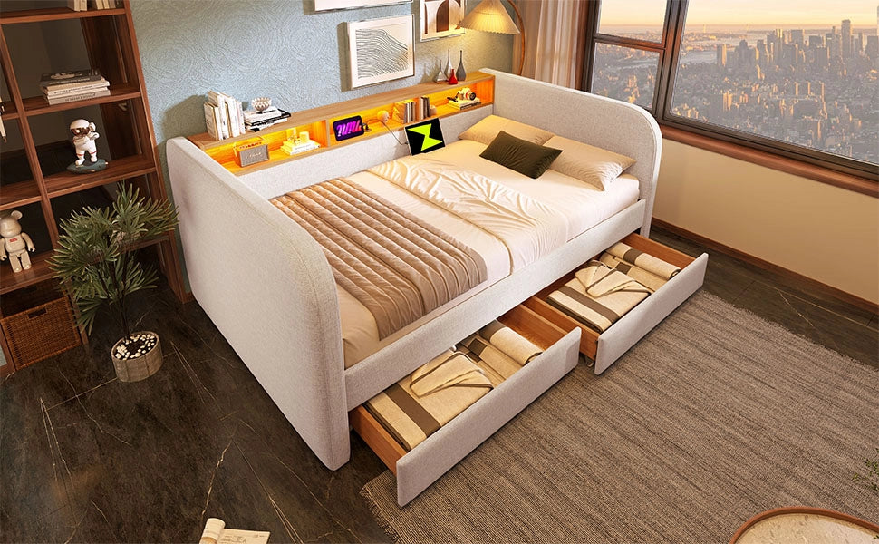 Letto combinato 140 × 190 cm con LED regolabile, USB, Type-C, 2 cassetti e testiera contenitore, senza materasso
