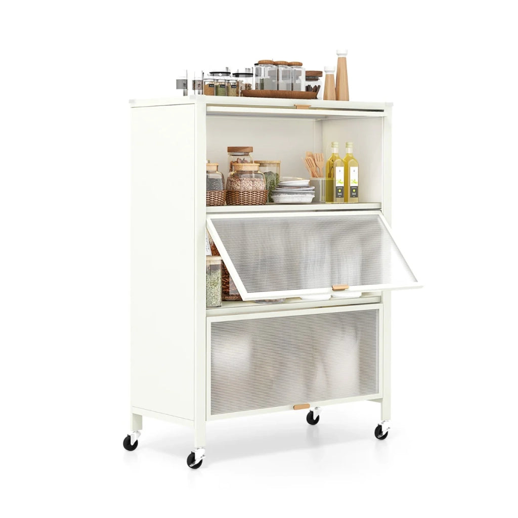 Scaffale da cucina 81 x 37 x 115 cm con 4 ripiani e ante a ribalta design moderno in metallo bianco 20_0014769