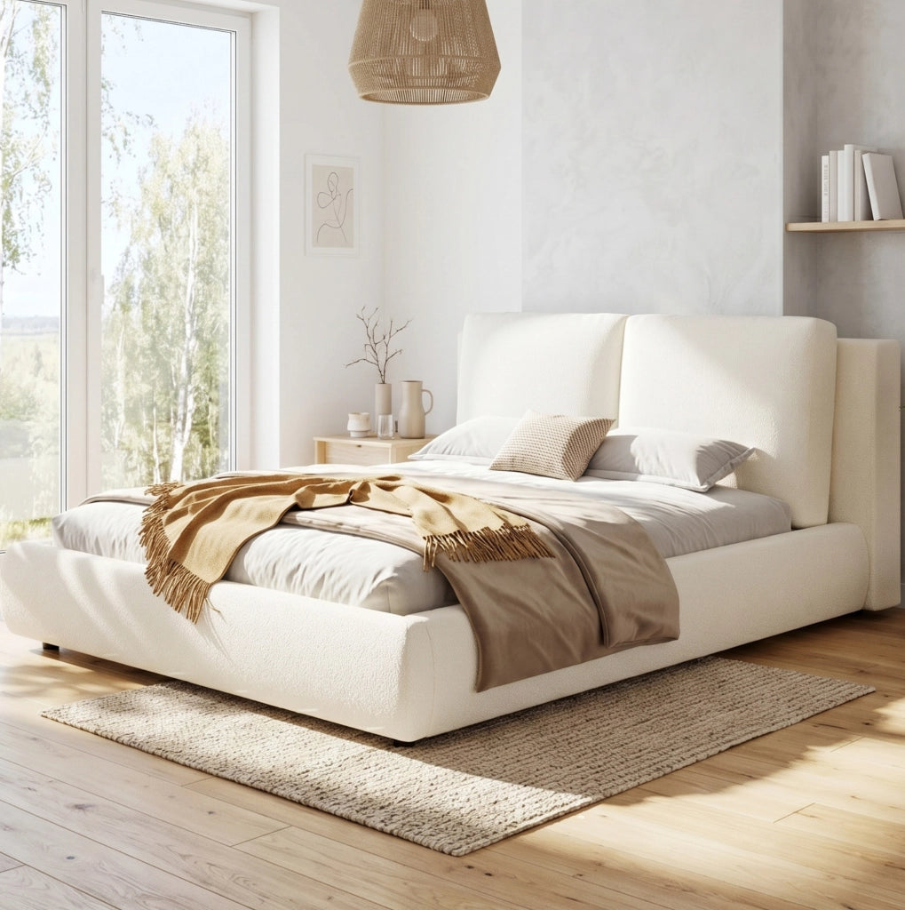 Letto 180x200 cm con rete a doghe e testiera ergonomica in Bouclé beige