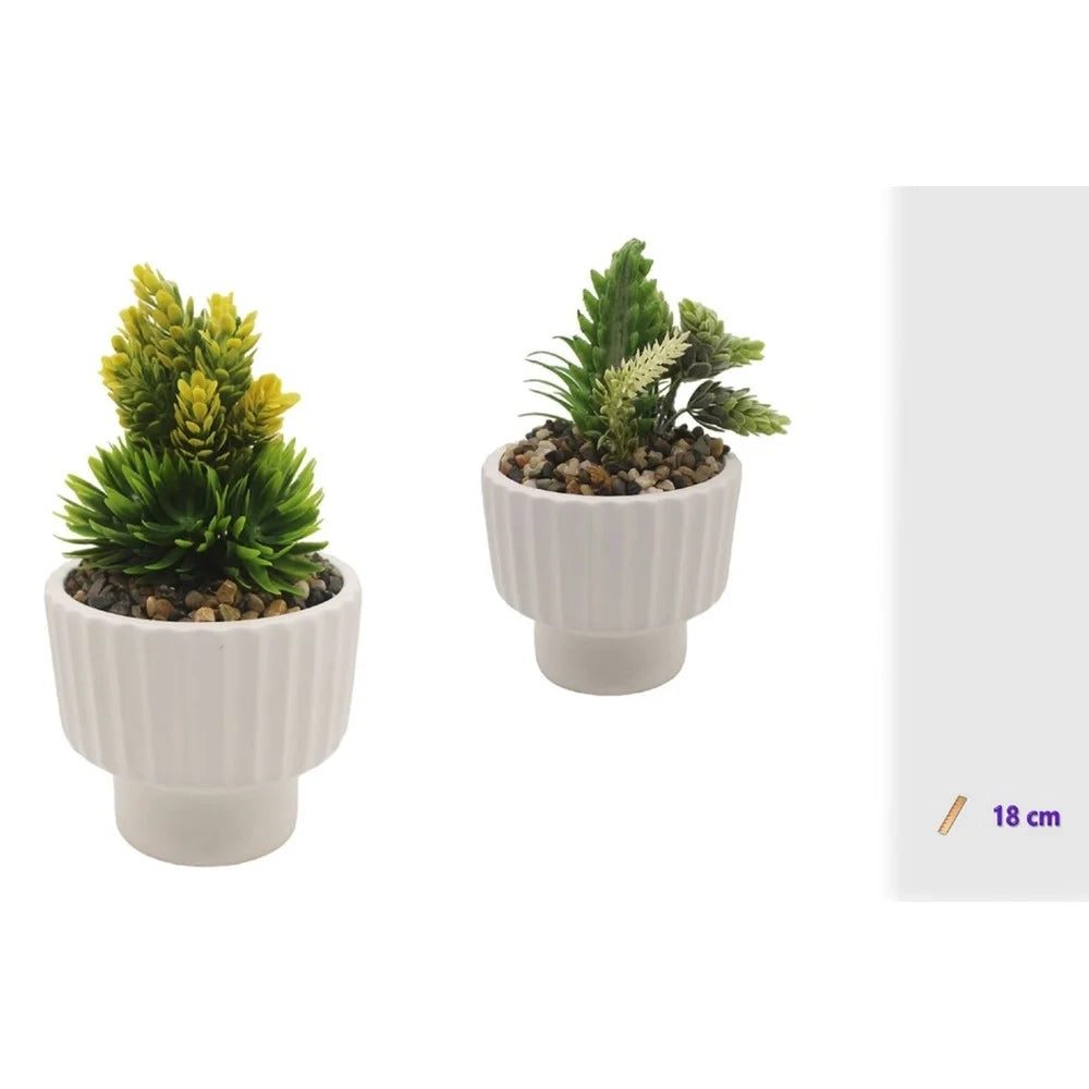 Trade Shop - Vasetto Ceramica Bianco Striato Con Piantina Artificiale Assortita 18cm Decoro Casa 164322 -