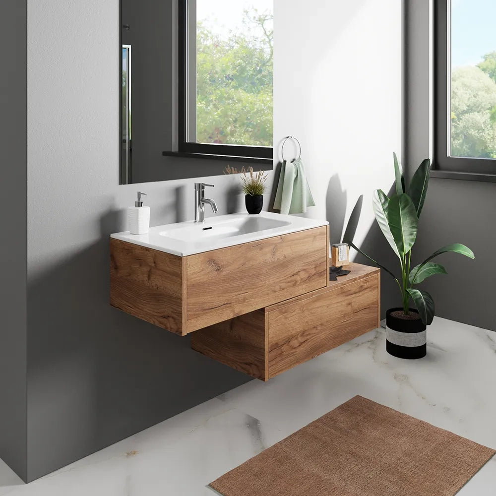 Mobile bagno sospeso modulare 70cm due cassetti apertura push&pull rovere gransasso con lavabo | Galdor