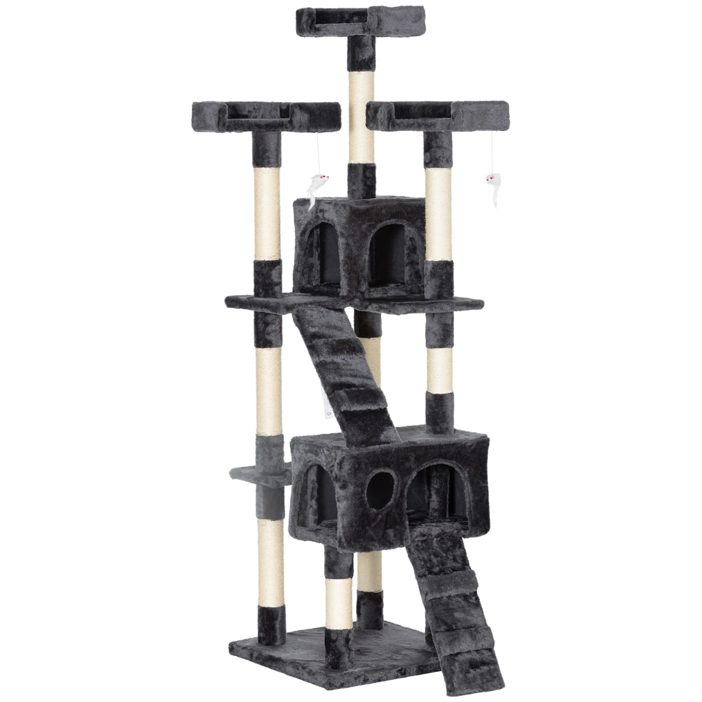 Tiragraffi XXL con cuccia, scaletta, albero per arrampicarsi, multilivello, grigio, 50x50x170 cm