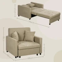 Poltrona Letto in Tessuto Effetto Velluto Marrone Chiaro con 2 Cuscini e Spazio Portaoggetti, 100x98x88 cm
