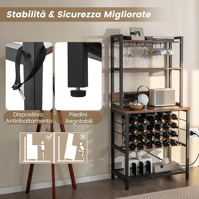 Mobile Bar Vino, Portabottiglie Industriale con 4 Ripiani, Porta Calici, Porte USB e Prese, con Struttura in Metallo Robusto, 75,5 x 48 x 163 cm