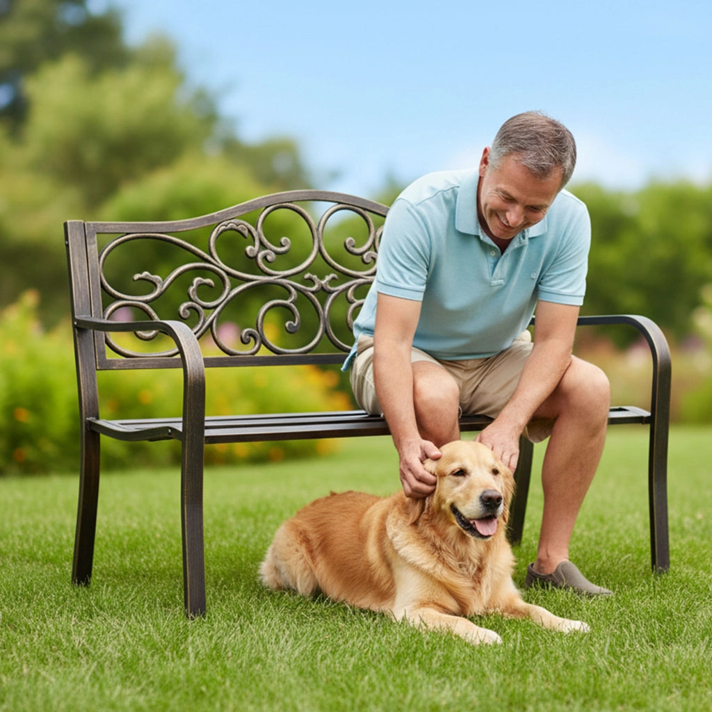 Panchina da giardino bruna IRGA con gambe in acciaio e schienale in ghisa larghezza 127 cm
