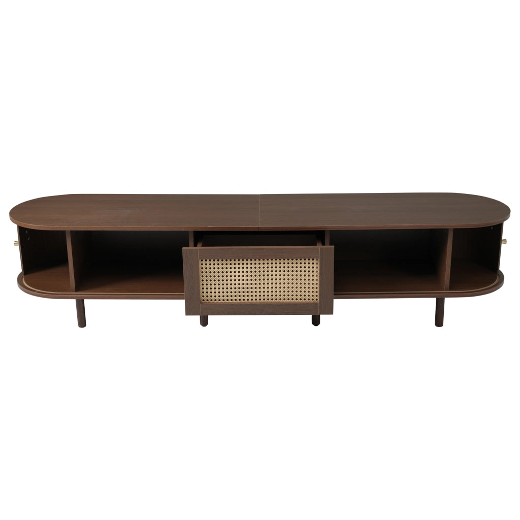 Mobile TV ovale in MDF con finitura noce scuro e dettaglio effetto rattan, 180 cm, 30 kg