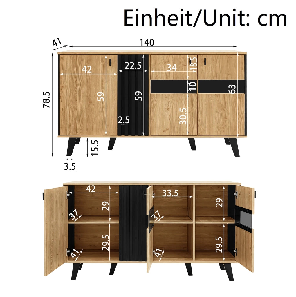 Sideboard 140x78,5x41 cm in legno e nero con LED, ripiani interni e porta a vetro