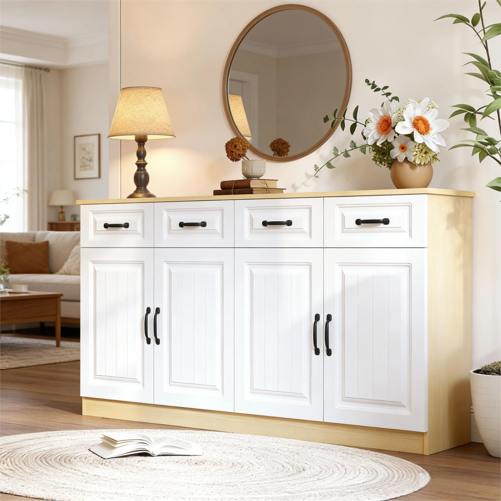 Credenza bianca e legno naturale mobile buffet 160 cm design scanalato