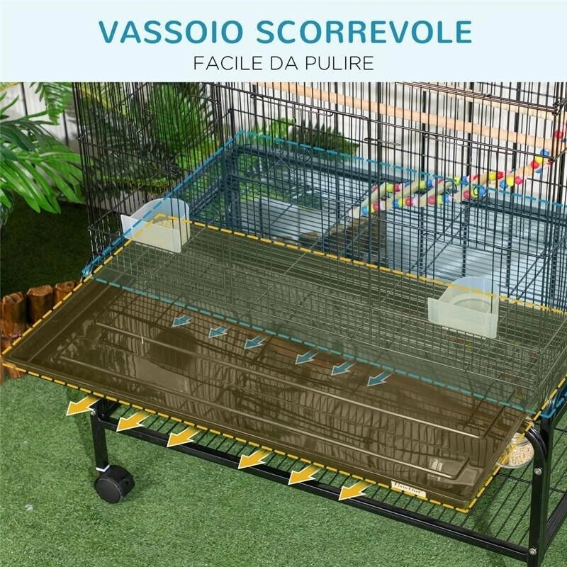 GABBIA PER UCCELLI IN ACCIAIO CON POSATOI, GIOCHI, CONTENITORI PER CIBO E VASSOIO, 79X49X133 CM, NERO