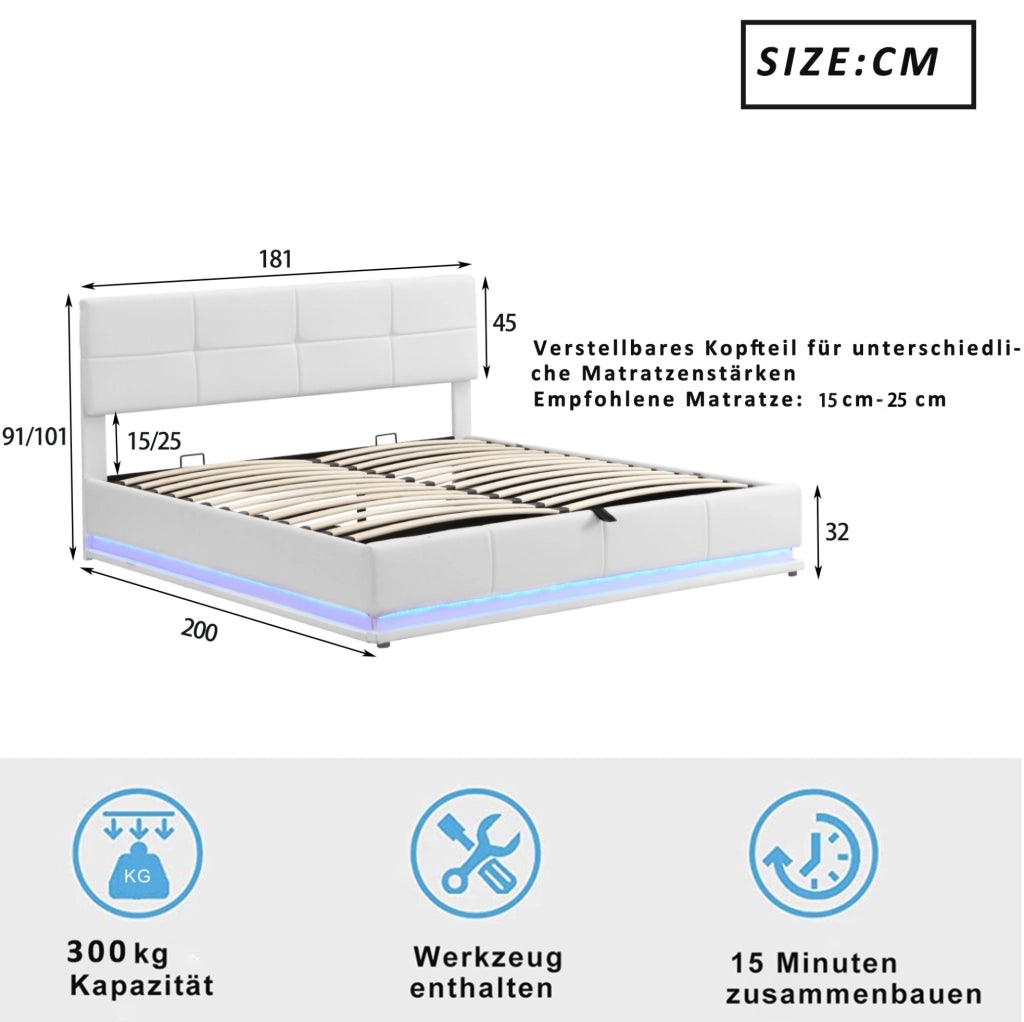 Letto matrimoniale 180x200 cm imbottito in similpelle bianca con LED e contenitore idraulico