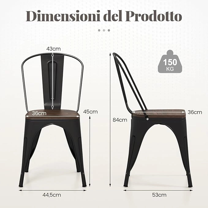 Set di 4 Sedie da Pranzo Impilabili 53 x 44,5 x84 cm, Sedie da Bar con Schienale Alto, Struttura in Legno e Acciaio, Ideale per Balcone, Cortile e Ristorante (Nero)