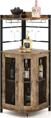 Armadietto Angolare Industriale Da Bar Con Supporto In Vetro, Armadietto Da Vino Con Ripiano Regolabile, Portabottiglie Vino Da Cucina Con Protezione, 130x47,5x47,5 cm (Grigio Quercia)