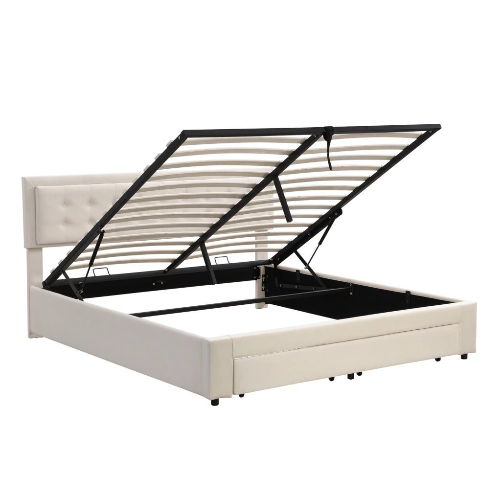 Letto matrimoniale 180x200 cm in velluto beige con contenitore e testiera regolabile