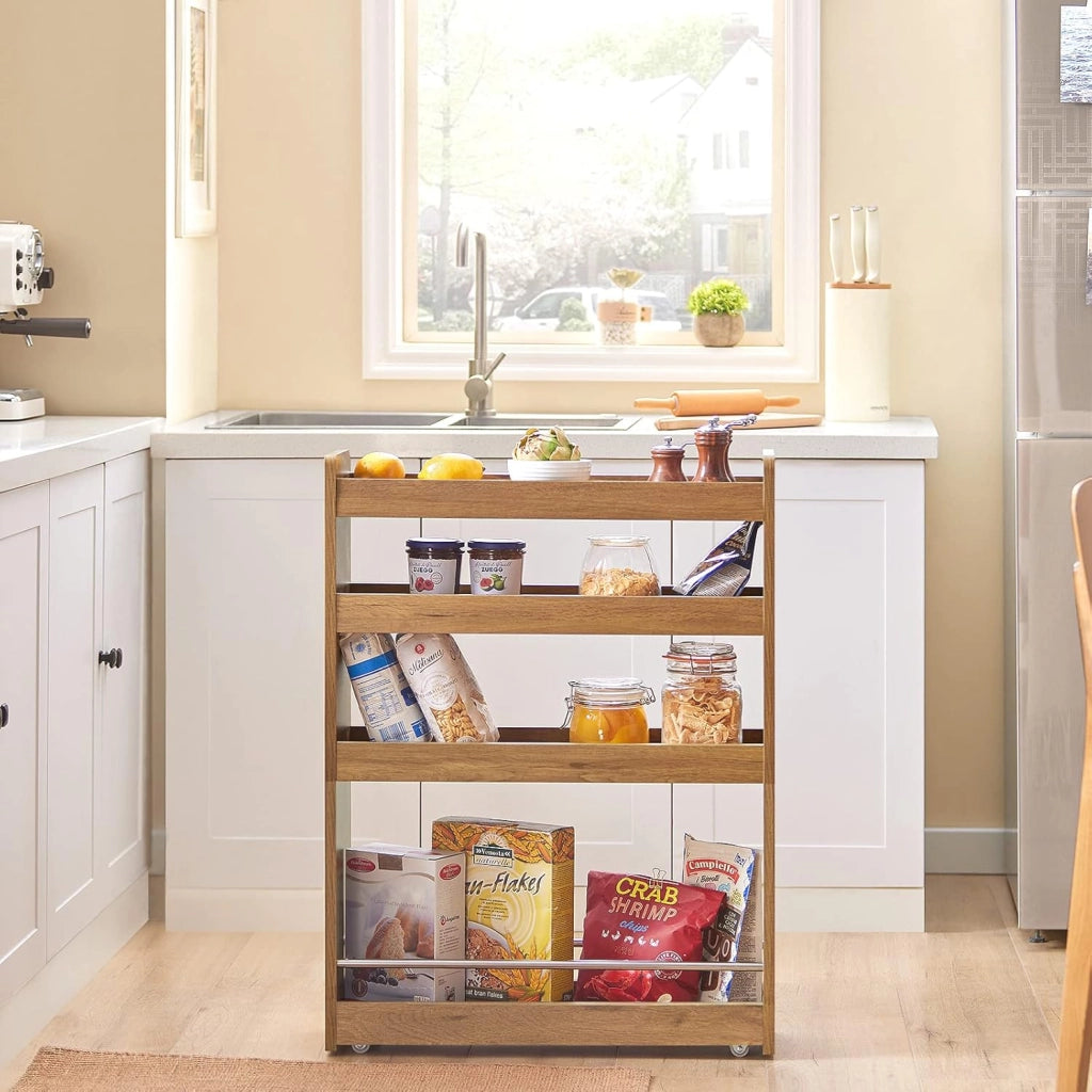 Carrello Slim per Cucina e Bagno con 4 Ruote Scaffale Salvaspazio a 4 Ripiani con Aste Antiscivolo Unità di Stoccaggio per Cucina, Bagno, Forniture per Bellezza o Artigianato 60x18x82cm NSR01-PF
