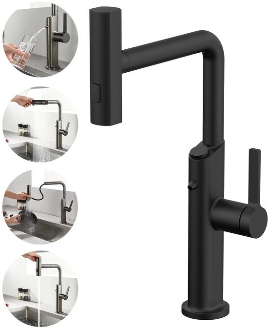 Kraan da cucina a 3 vie con spruzzatore da bagno estensibile, rubinetto da acqua potabile con getto a 360° rotante, da cucina a 3 in 1 con manigliona unica, da cucina da miscelazione e da lavaggio con 3 tipi di getto (nero)