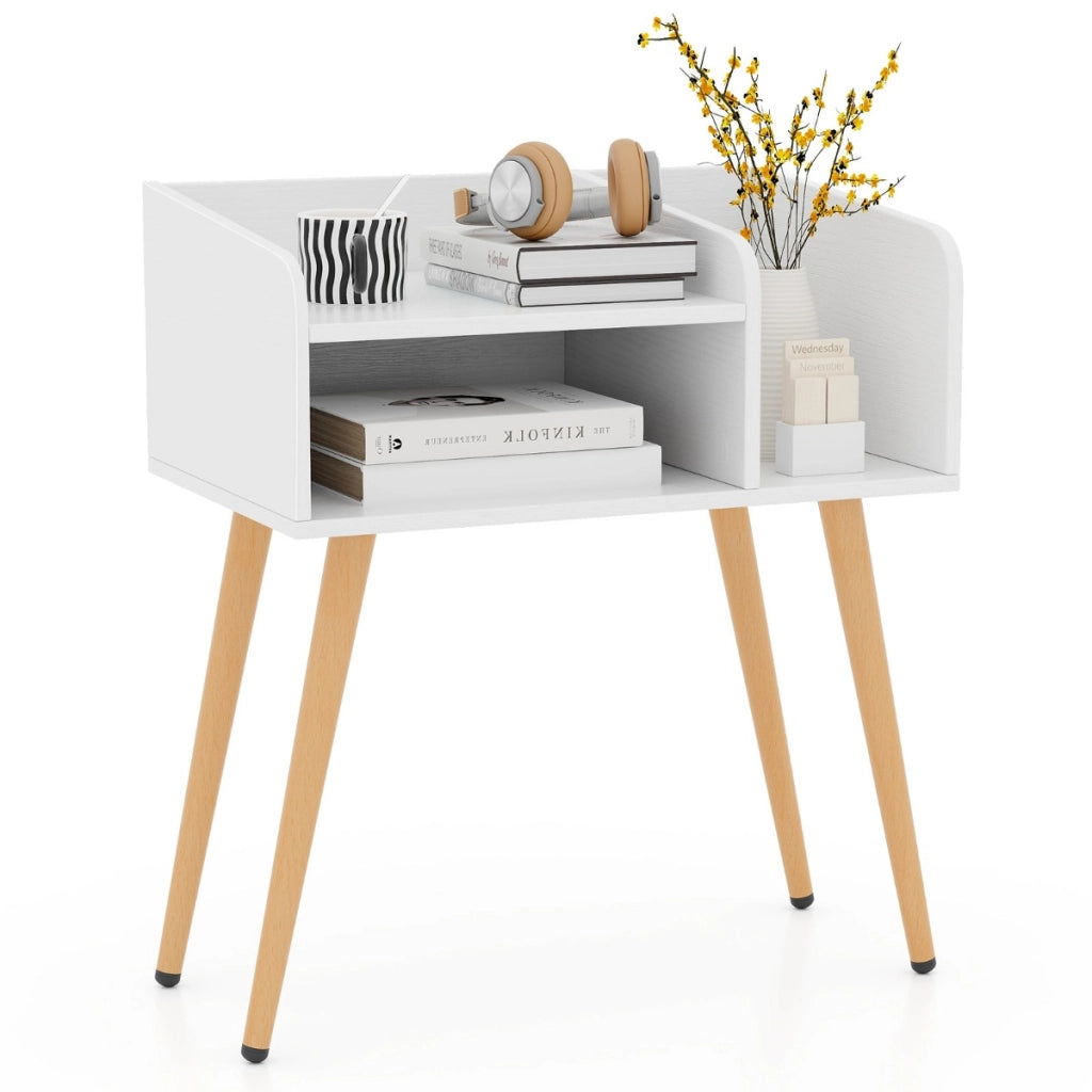Comodino in stile moderno semplice ma pratico, Tavolino a 2 piani con mensole aperte Bianco + Naturale-Comodini