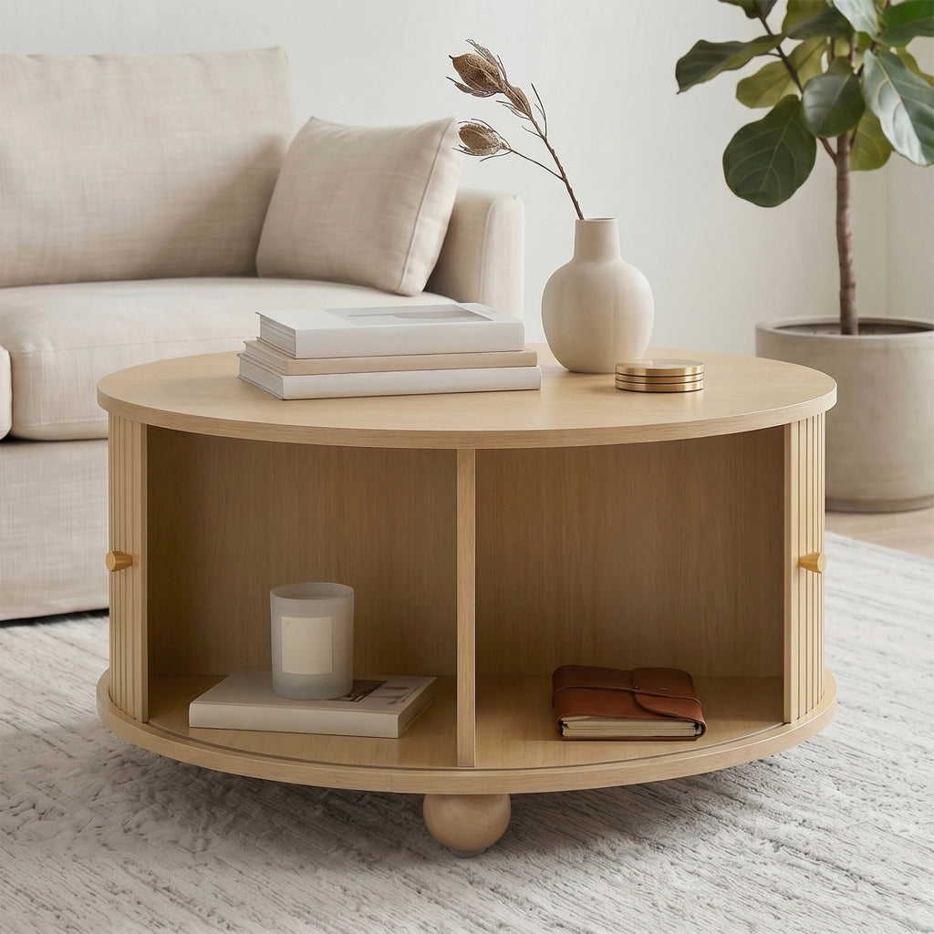 Tavolino basso rotondo con 2 ante scorrevoli, 4 vani interni e struttura in MDF, naturale, 72 × 72 × 38 cm