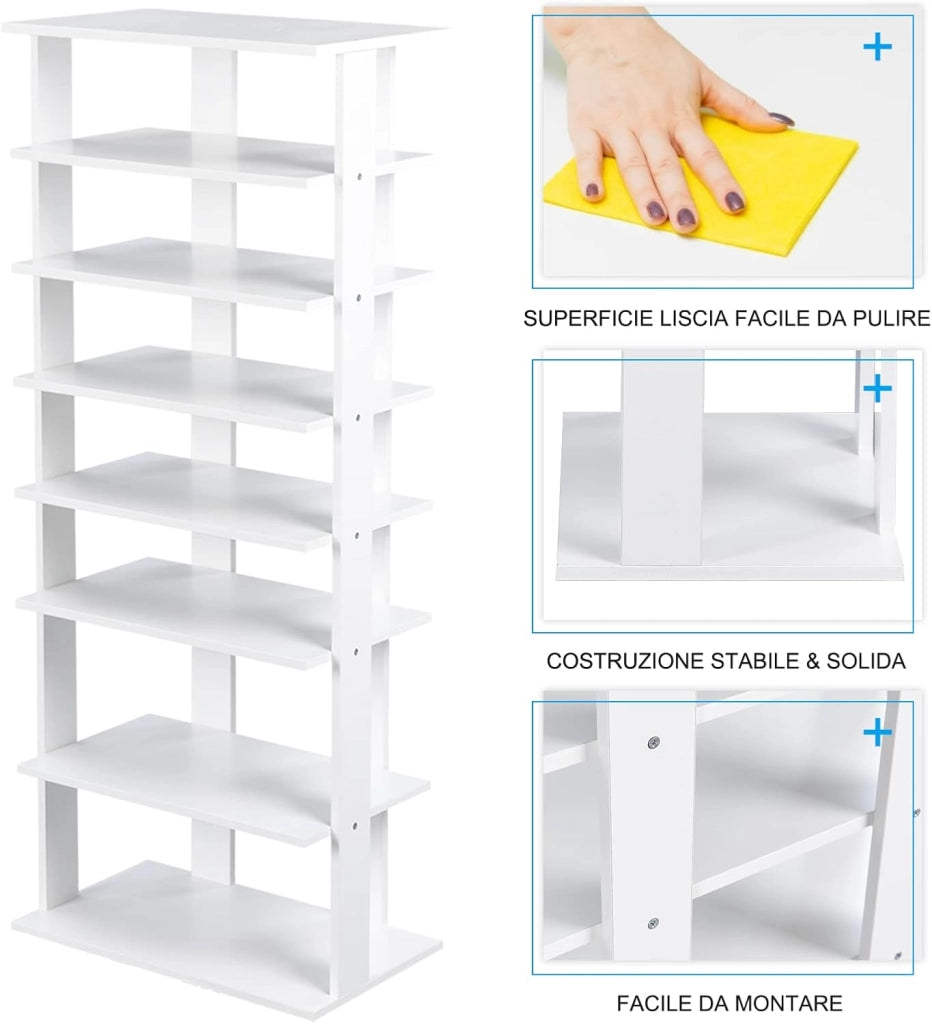 Scarpiera Verticale a 7 Livelli, Organizer per Scarpe in Stile Retrò, con Pannello Rimovibile, Scaffale per Scarpe per Corridoio Ingresso Armadio, 45x25x110 cm (Bianco)
