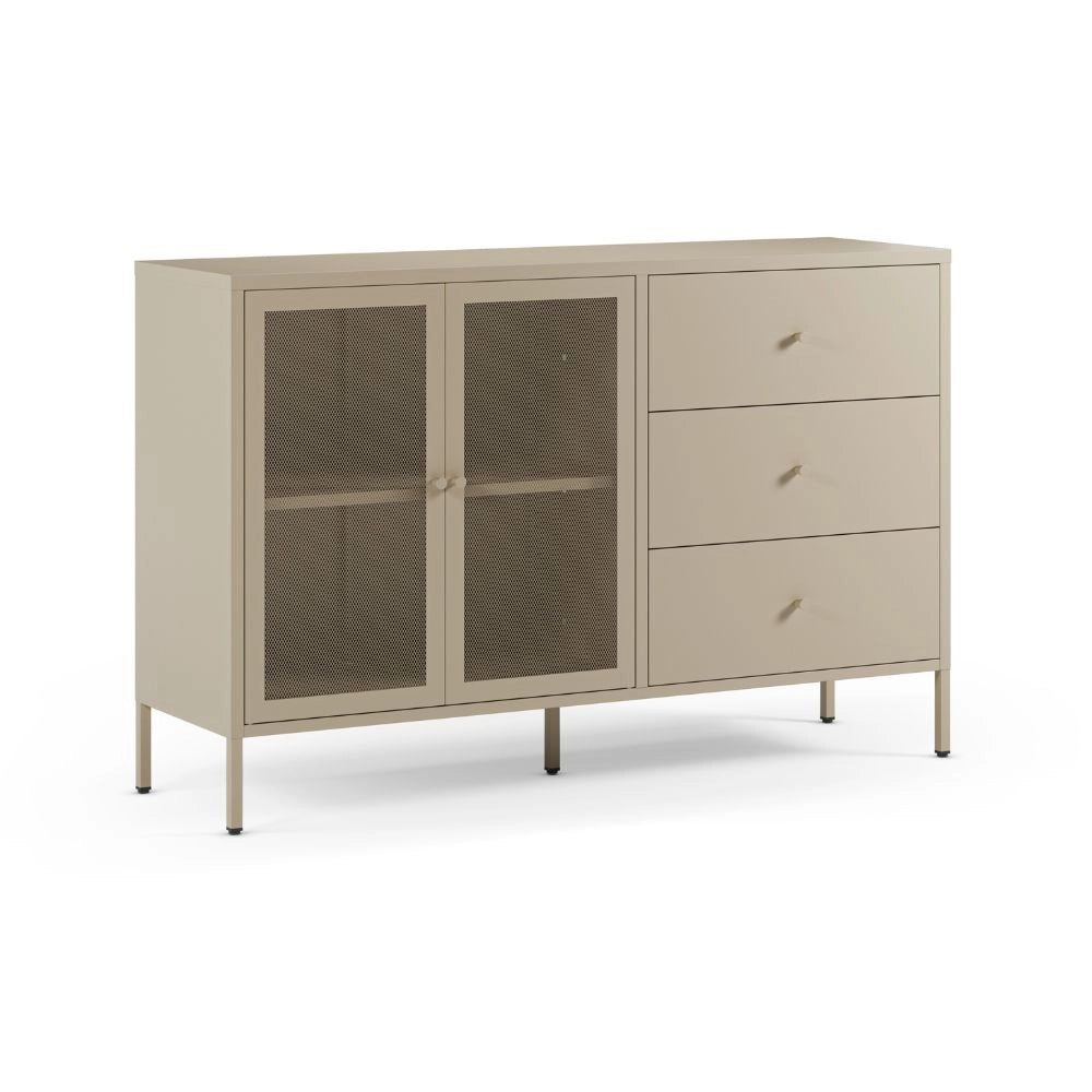 Credenza Fayna in metallo sabbia con 2 ante e 3 cassetti 140x40x90H Design industriale