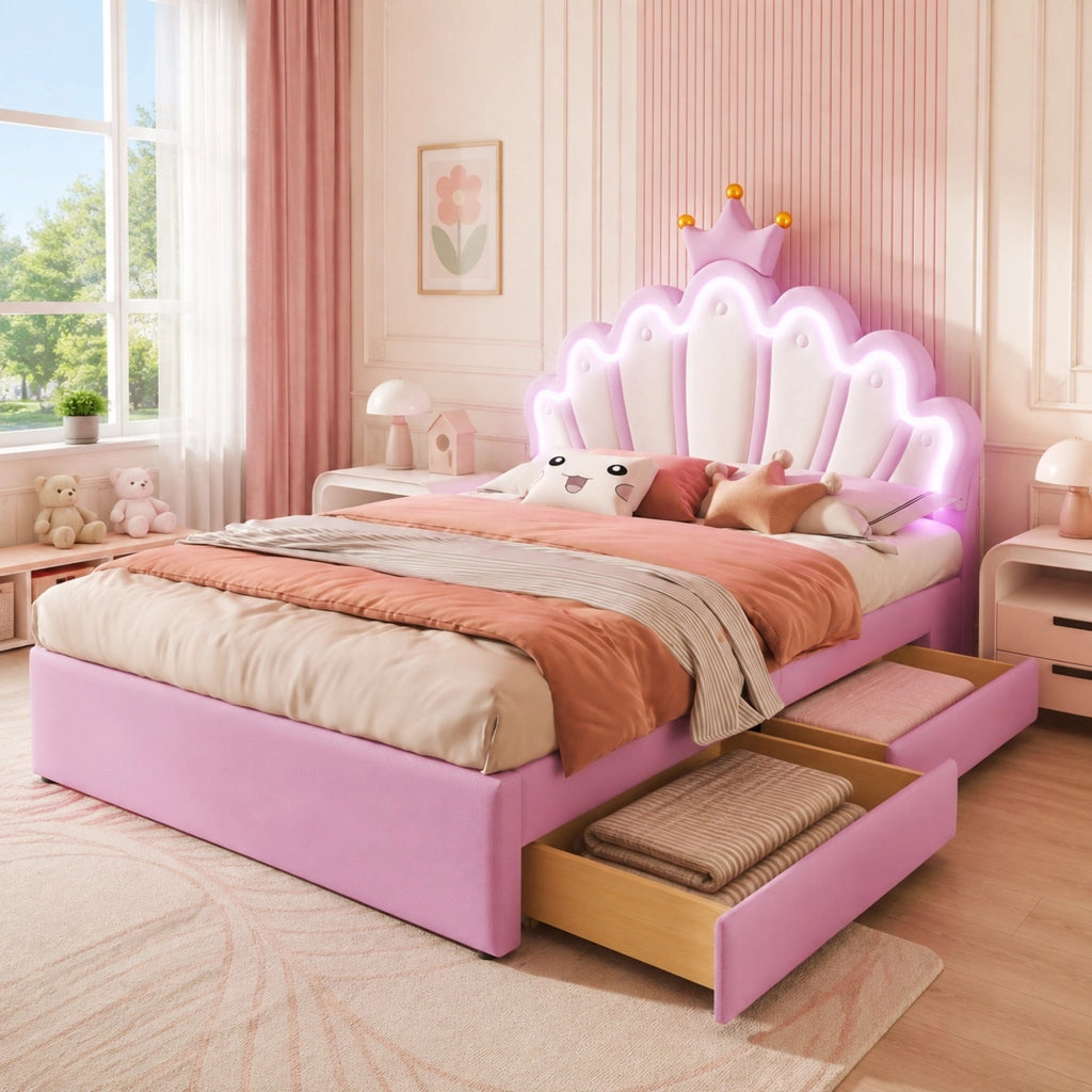 Letto imbottito 140x200 cm con LED RGB, 2 cassetti, testiera regolabile, PU rosa
