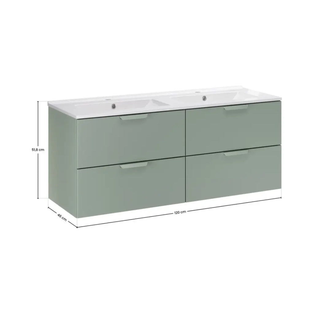 Set da bagno OSTER 120cm: mobile sottolavabo con cassetti verde salvia + doppio lavabo incassato bianco