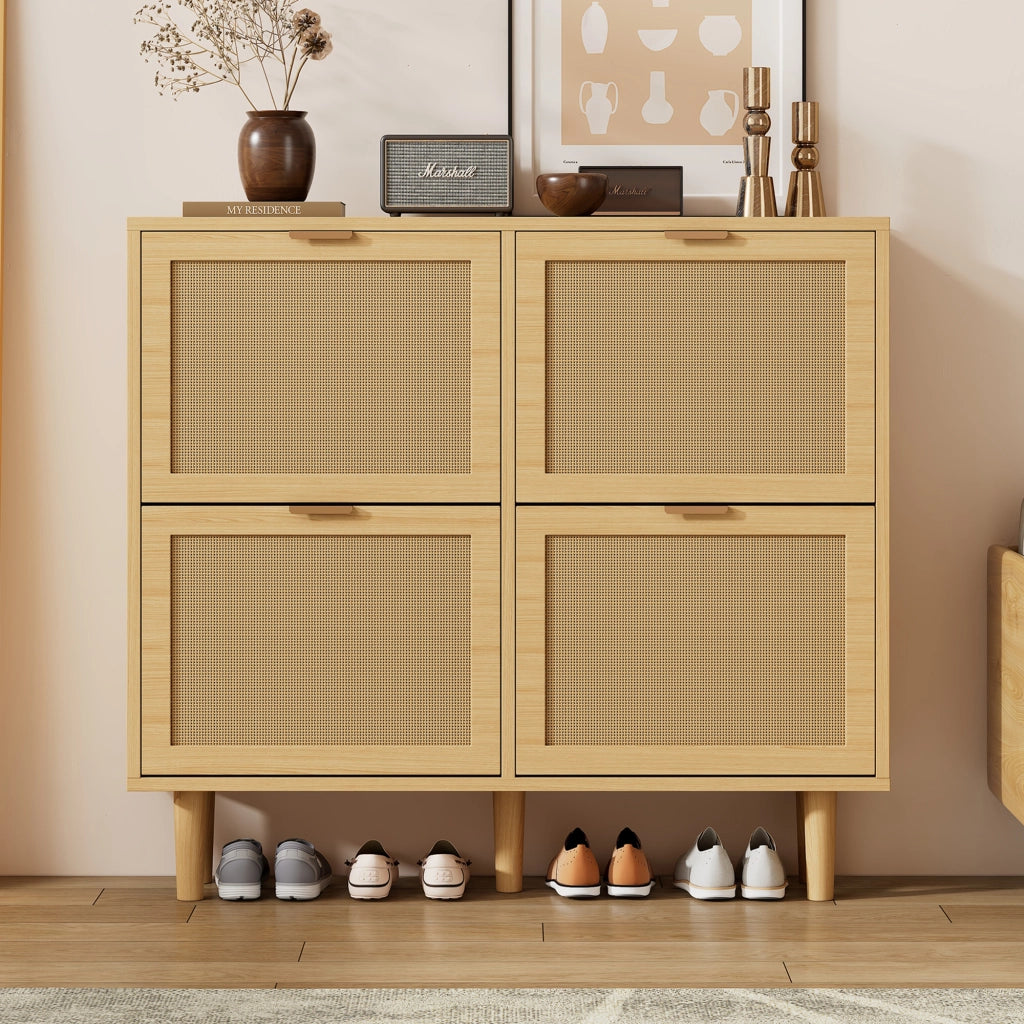 OKWISH Scarpiera con 4 Ante a Ribalta, Ripiani Regolabili, Dettagli in Rattan e Gambe in Legno, per Ingresso, 100×25×90 cm