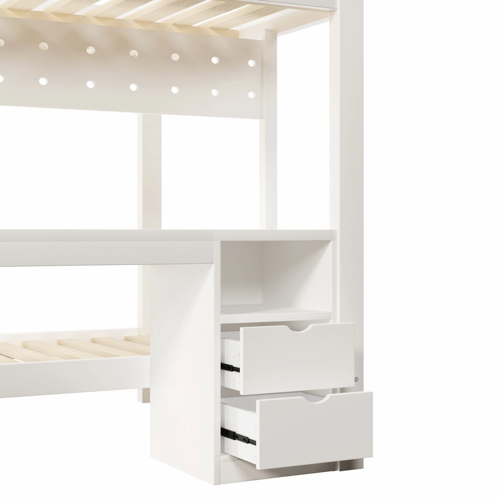 LETTO a castello con scrivania e cassetti 140x200/90x200 cm Legno di pino Bianco