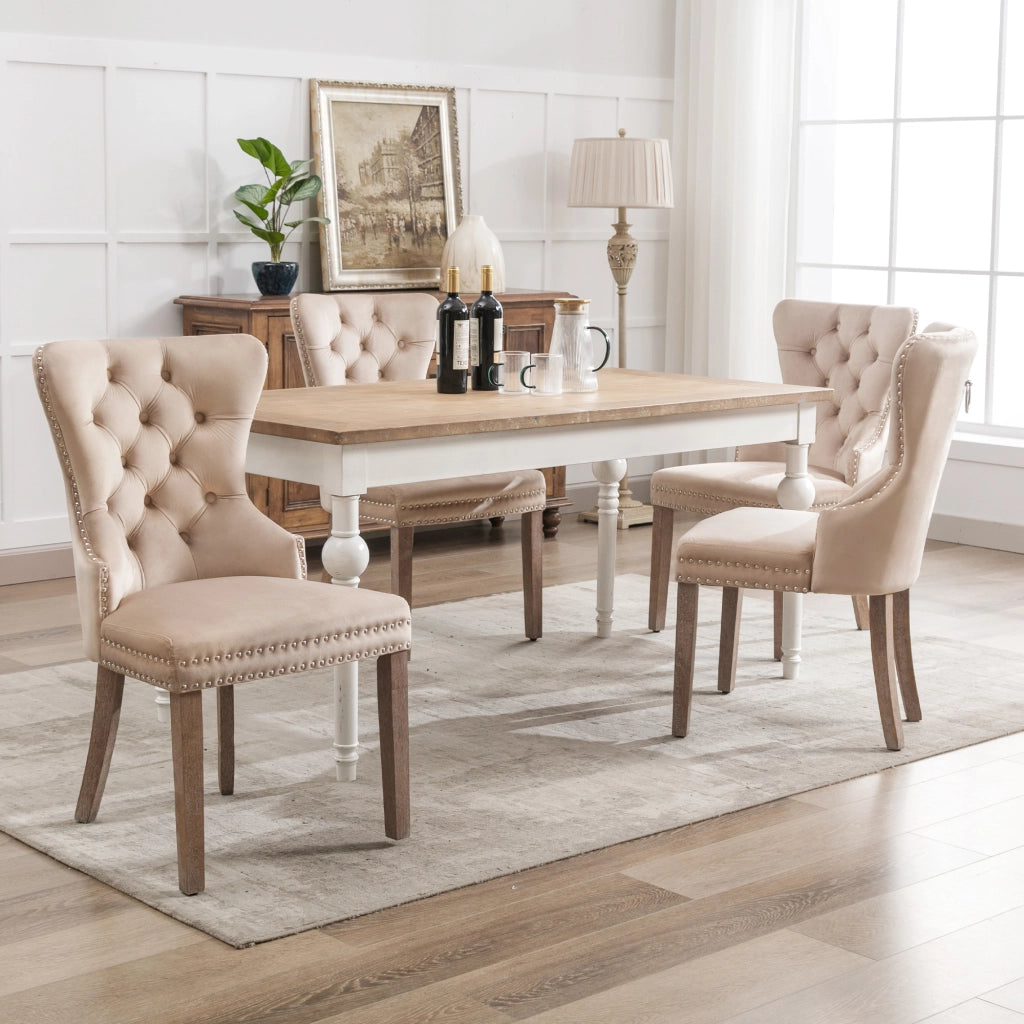 Sedie da Pranzo Imbottite in Velluto ¨C MINIMAL ¨C Beige, Gambe in Legno Massello, Set 4 Pezzi