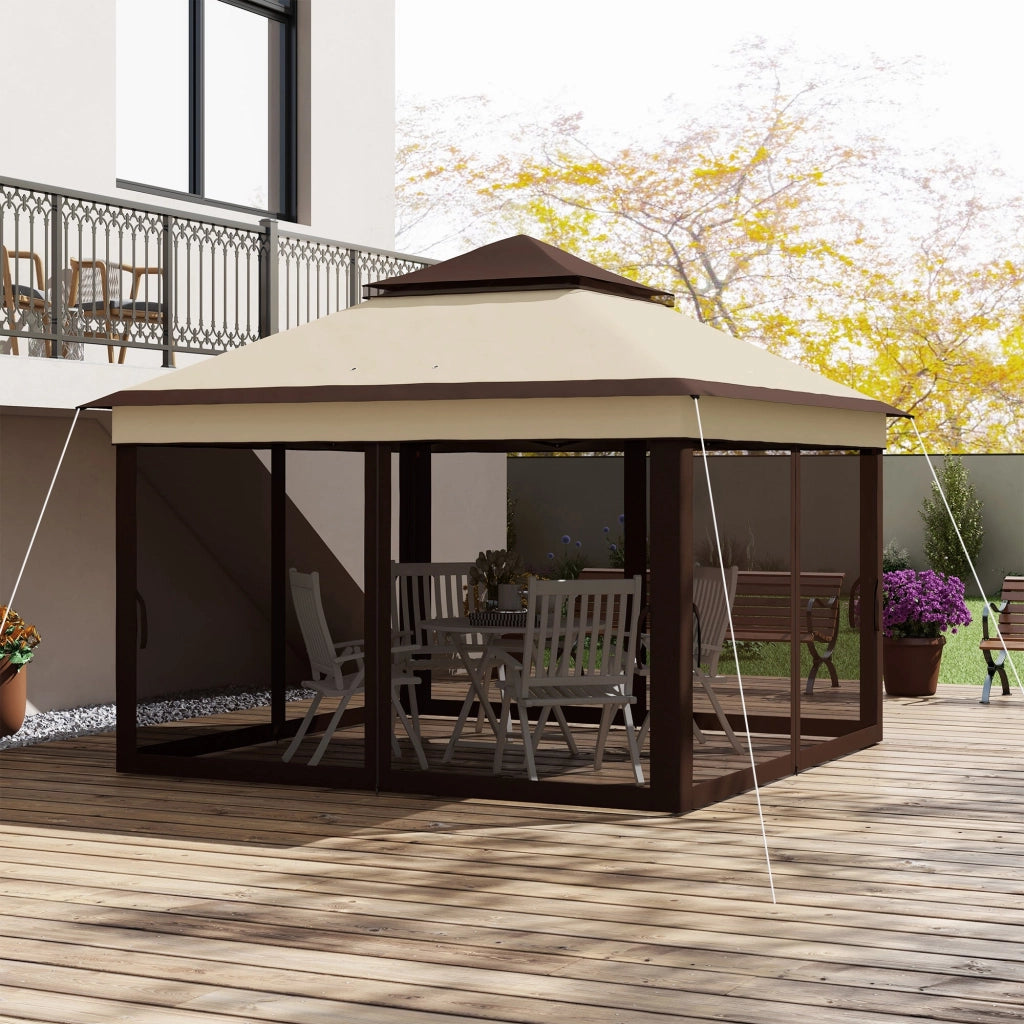 Gazebo Regolabile su 3 Livelli con Pareti Rimovibili 3x3m in Acciaio e tessuto Oxford Caffè e Beige