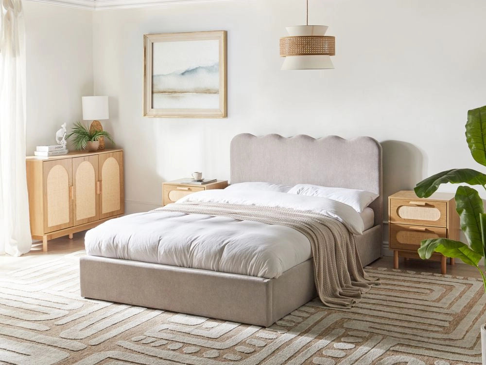 Letto in tessuto di ciniglia imbottito color tortora 140 x 200 cm contenitore elevabile con testiera e rete a doghe